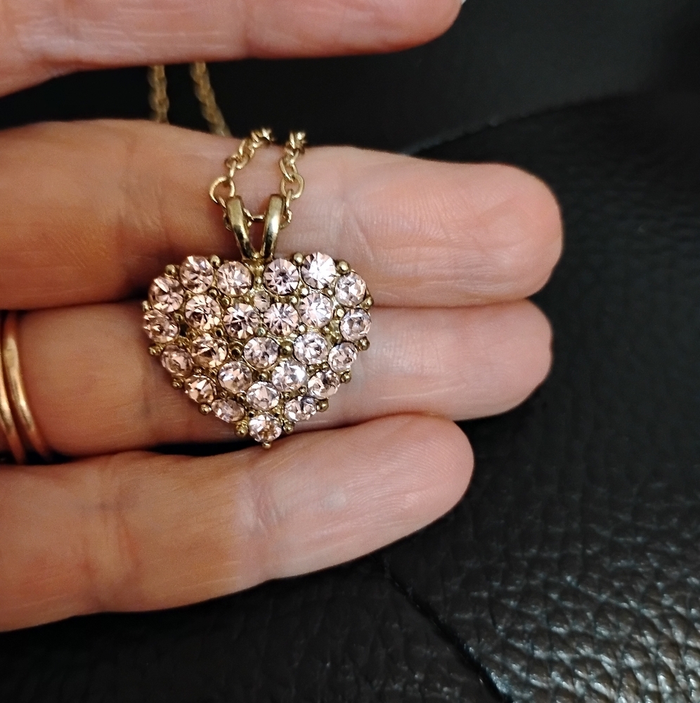 Gold Heart Pendant Necklace Chain with Pink Clear Crystals 9' In Half +Extension